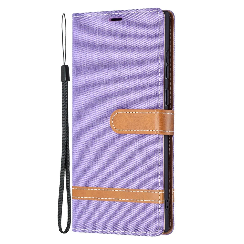 For Samsung Galaxy S22 Ultra 5G Fashionable Color Splicing Jeans Cloth Magnetic Clasp Anti-Drop Stand PU Leather Wallet Leather Phone Case - Purple - 2