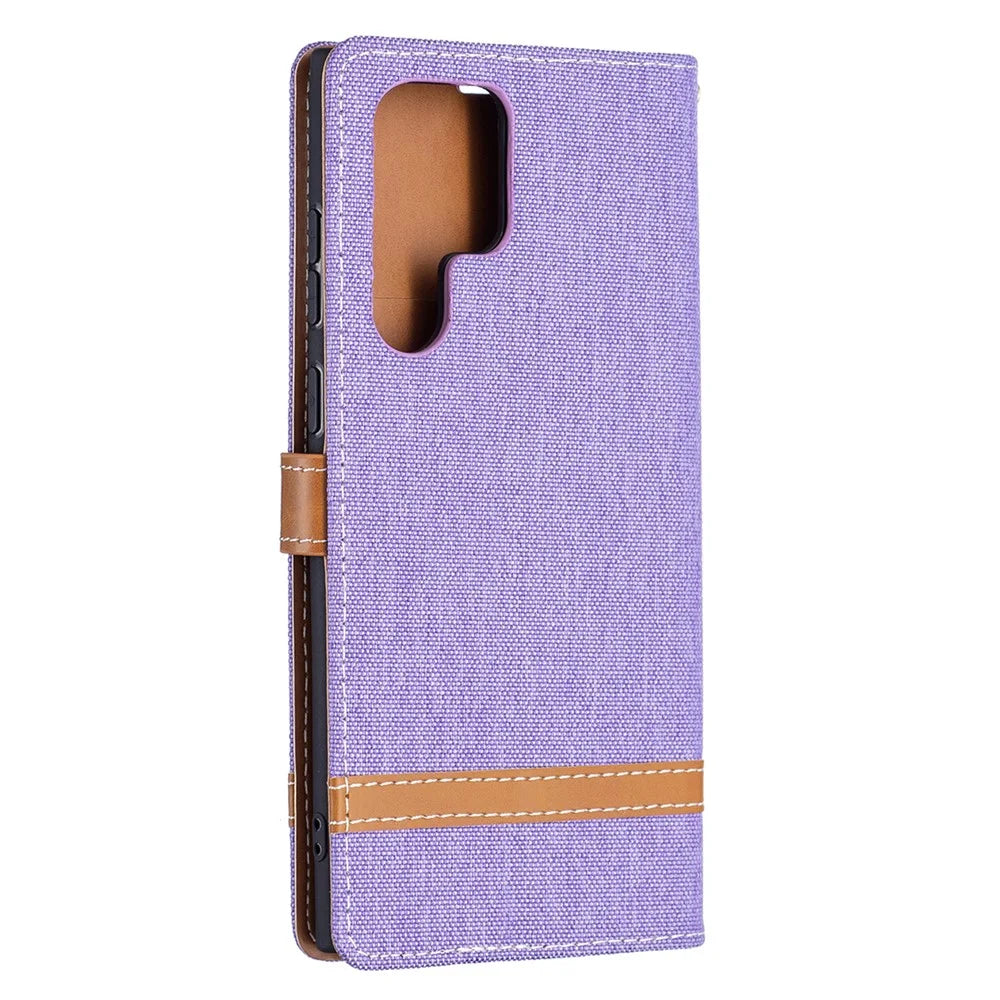 For Samsung Galaxy S22 Ultra 5G Fashionable Color Splicing Jeans Cloth Magnetic Clasp Anti-Drop Stand PU Leather Wallet Leather Phone Case - Purple - 3