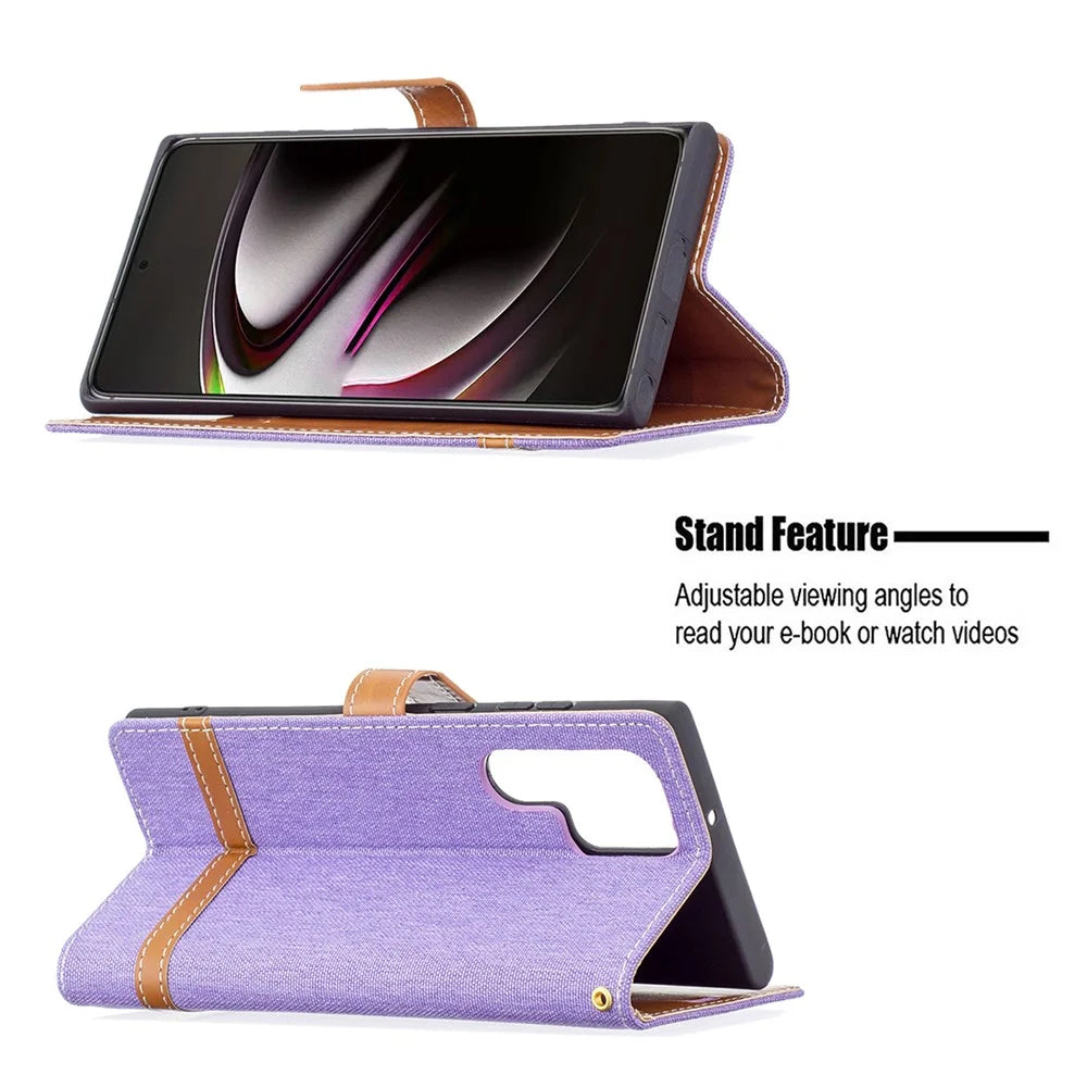 For Samsung Galaxy S22 Ultra 5G Fashionable Color Splicing Jeans Cloth Magnetic Clasp Anti-Drop Stand PU Leather Wallet Leather Phone Case - Purple - 4