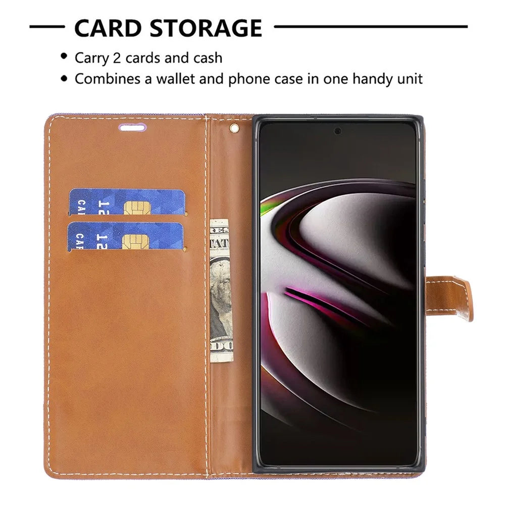 For Samsung Galaxy S22 Ultra 5G Fashionable Color Splicing Jeans Cloth Magnetic Clasp Anti-Drop Stand PU Leather Wallet Leather Phone Case - Purple - 5