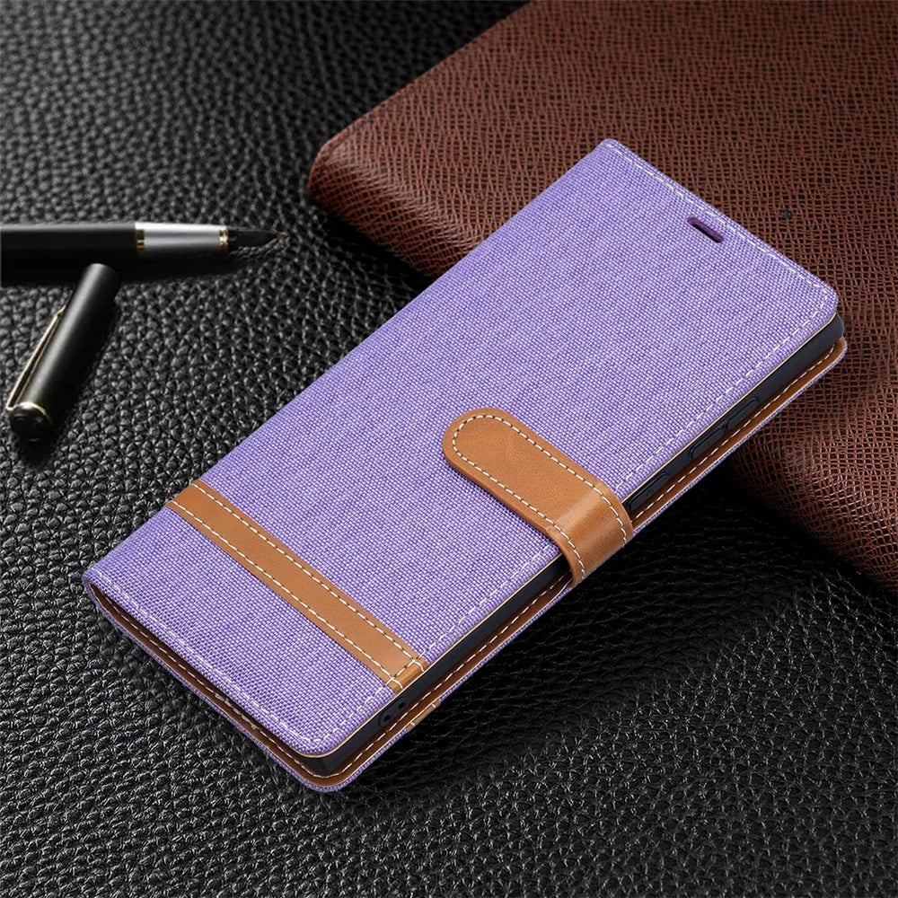 For Samsung Galaxy S22 Ultra 5G Fashionable Color Splicing Jeans Cloth Magnetic Clasp Anti-Drop Stand PU Leather Wallet Leather Phone Case - Purple - 6
