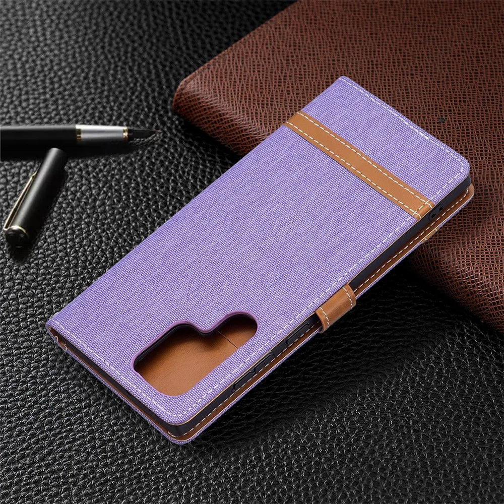 For Samsung Galaxy S22 Ultra 5G Fashionable Color Splicing Jeans Cloth Magnetic Clasp Anti-Drop Stand PU Leather Wallet Leather Phone Case - Purple - 7