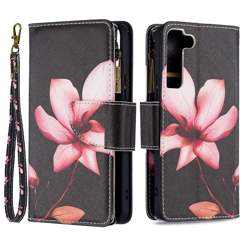 BF03 Pattern Printing Stand Design Zipper Pocket Leather Case Stand Phone Cover with Hand Strap for Samsung Galaxy S22 5G - Lotus - 1