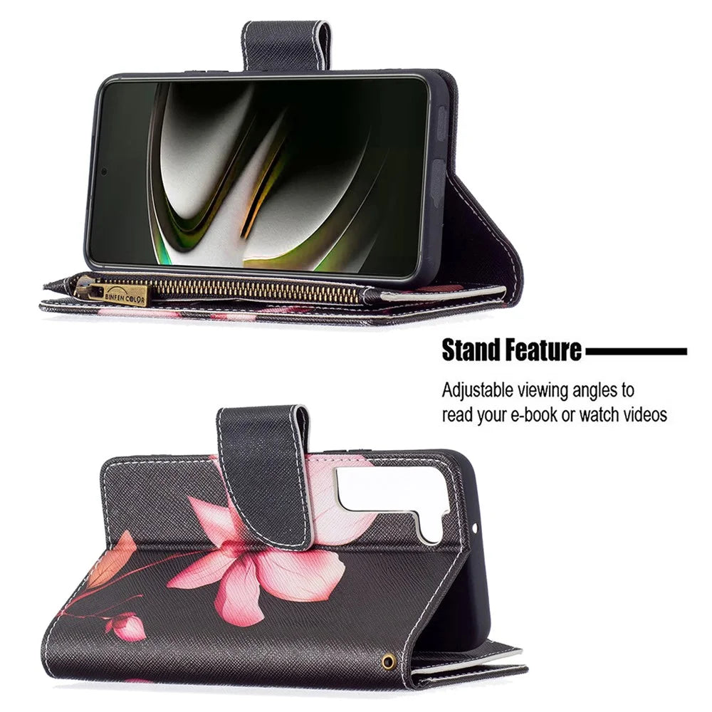 BF03 Pattern Printing Stand Design Zipper Pocket Leather Case Stand Phone Cover with Hand Strap for Samsung Galaxy S22 5G - Lotus - 2