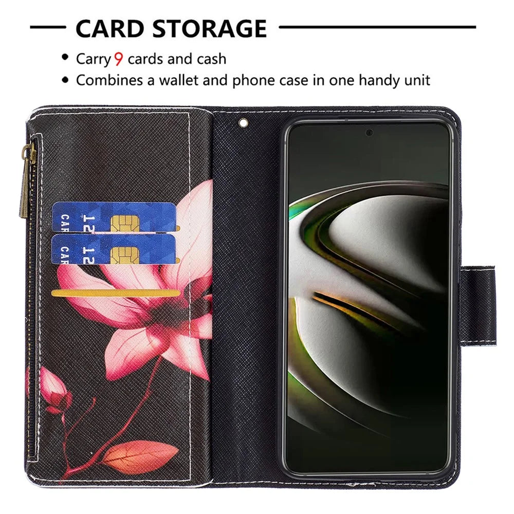 BF03 Pattern Printing Stand Design Zipper Pocket Leather Case Stand Phone Cover with Hand Strap for Samsung Galaxy S22 5G - Lotus - 3