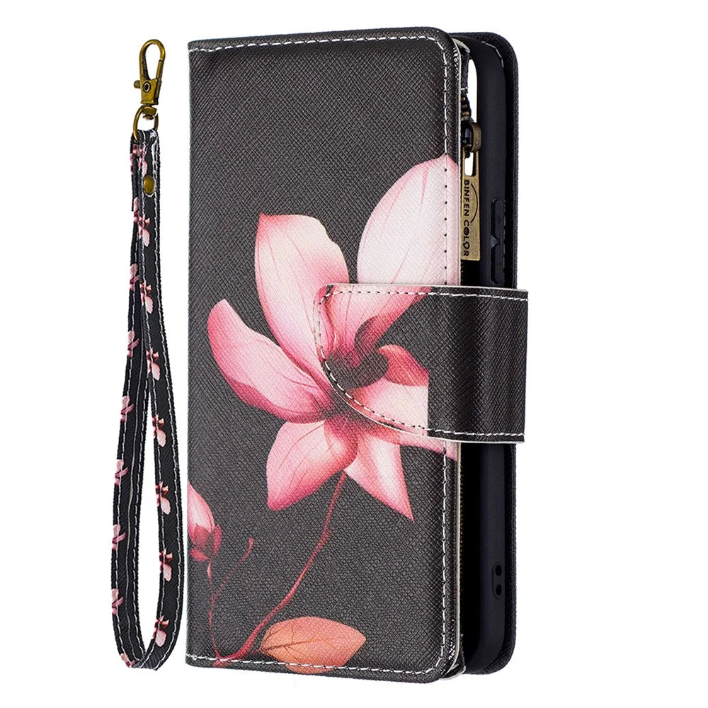 BF03 Pattern Printing Stand Design Zipper Pocket Leather Case Stand Phone Cover with Hand Strap for Samsung Galaxy S22 5G - Lotus - 4