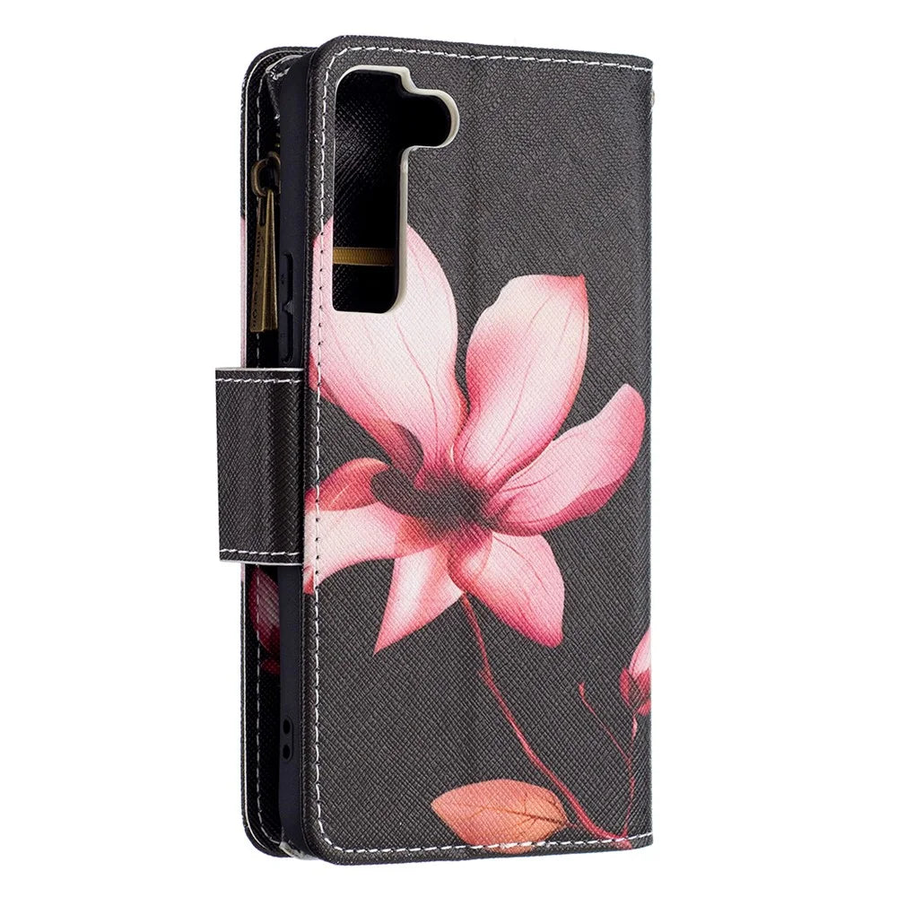 BF03 Pattern Printing Stand Design Zipper Pocket Leather Case Stand Phone Cover with Hand Strap for Samsung Galaxy S22 5G - Lotus - 5