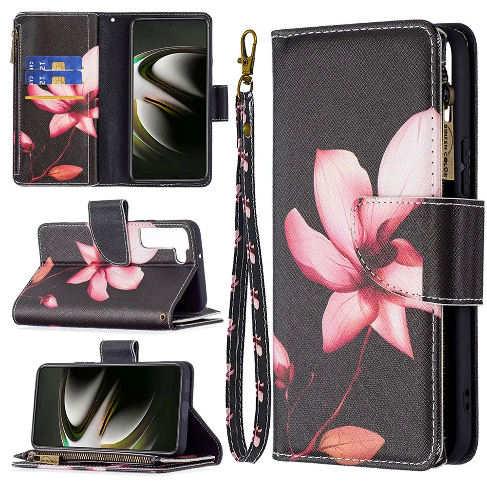 BF03 Pattern Printing Stand Design Zipper Pocket Leather Case Stand Phone Cover with Hand Strap for Samsung Galaxy S22 5G - Lotus - 6