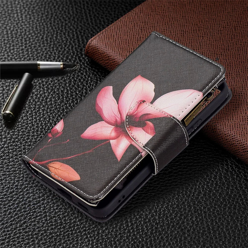 BF03 Pattern Printing Stand Design Zipper Pocket Leather Case Stand Phone Cover with Hand Strap for Samsung Galaxy S22 5G - Lotus - 7