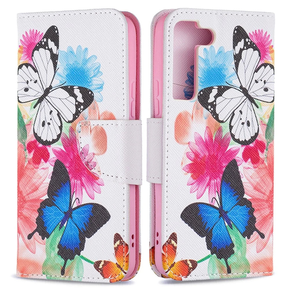 Stylish Pattern Printing PU Leather Wallet Case Stand Magnetic Closure Flip Cover for Samsung Galaxy S22 5G - Two Butterflies - 1