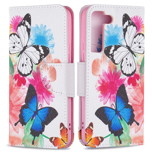 Stylish Pattern Printing PU Leather Wallet Case Stand Magnetic Closure Flip Cover for Samsung Galaxy S22 5G - Two Butterflies - 1