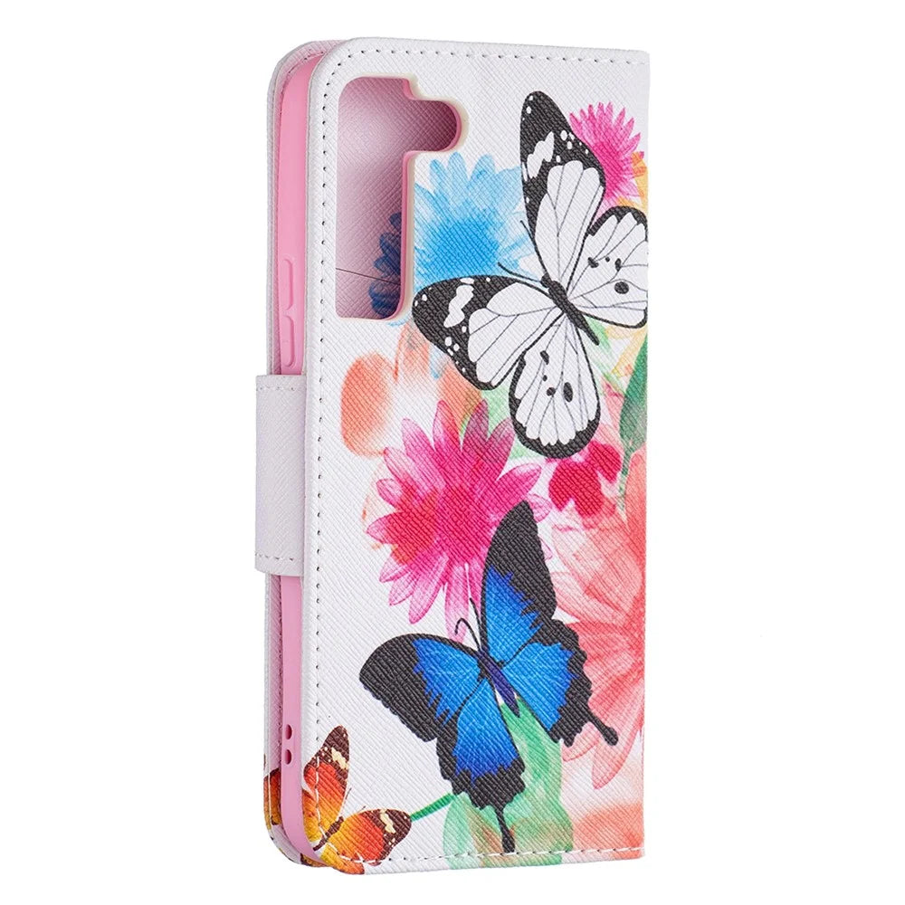 Stylish Pattern Printing PU Leather Wallet Case Stand Magnetic Closure Flip Cover for Samsung Galaxy S22 5G - Two Butterflies - 5