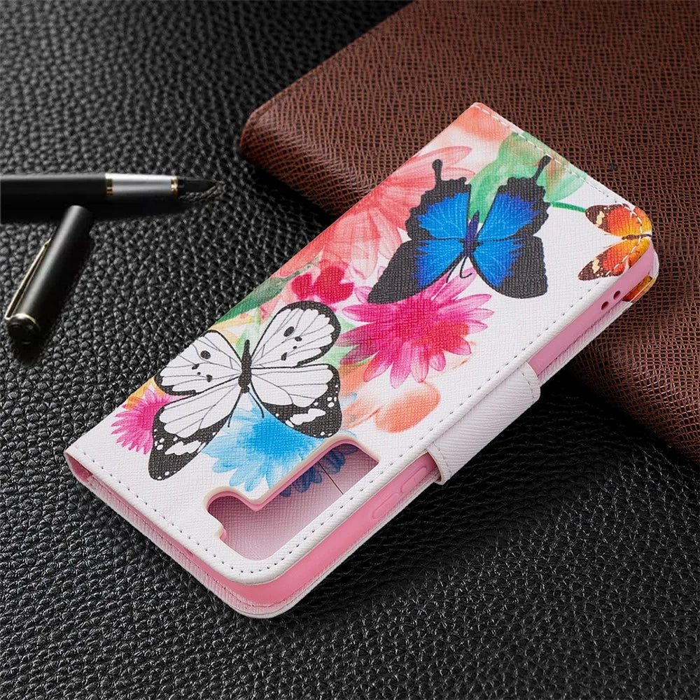 Stylish Pattern Printing PU Leather Wallet Case Stand Magnetic Closure Flip Cover for Samsung Galaxy S22 5G - Two Butterflies - 7