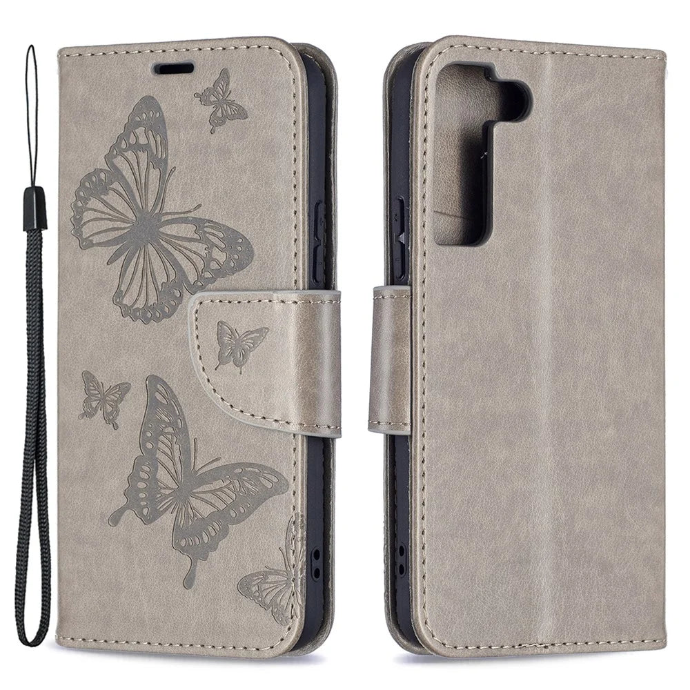 Butterfly Imprinted PU Leather Magnetic Flip Case Wallet Stand Shockproof Cover with Strap for Samsung Galaxy S22 5G - Grey - 1
