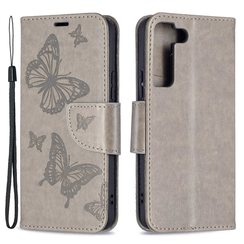 Butterfly Imprinted PU Leather Magnetic Flip Case Wallet Stand Shockproof Cover with Strap for Samsung Galaxy S22 5G - Grey - 1
