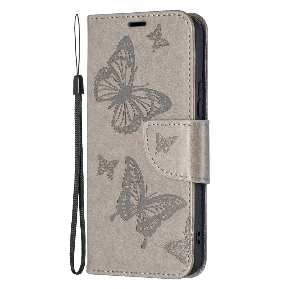 Butterfly Imprinted PU Leather Magnetic Flip Case Wallet Stand Shockproof Cover with Strap for Samsung Galaxy S22 5G - Grey - 2
