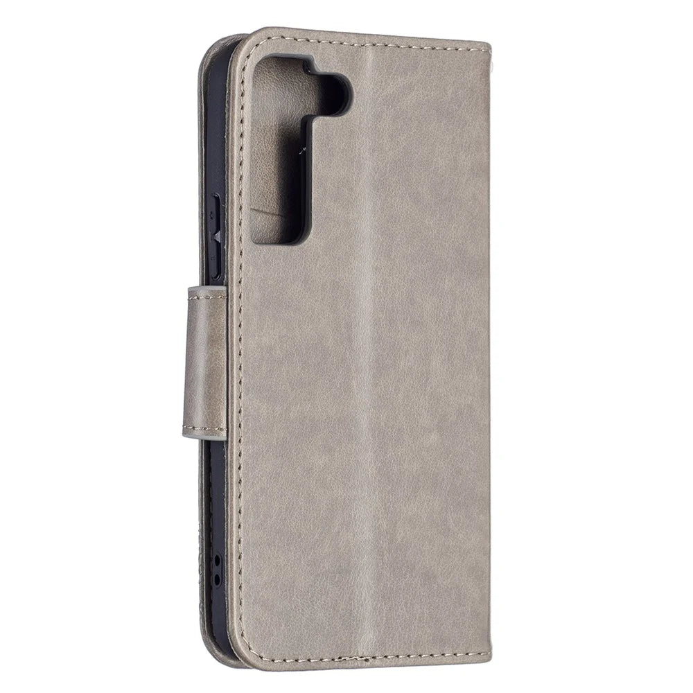 Butterfly Imprinted PU Leather Magnetic Flip Case Wallet Stand Shockproof Cover with Strap for Samsung Galaxy S22 5G - Grey - 3