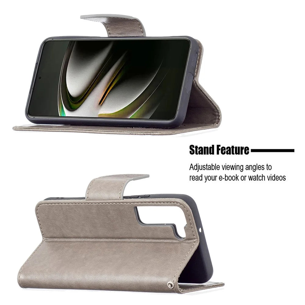 Butterfly Imprinted PU Leather Magnetic Flip Case Wallet Stand Shockproof Cover with Strap for Samsung Galaxy S22 5G - Grey - 4