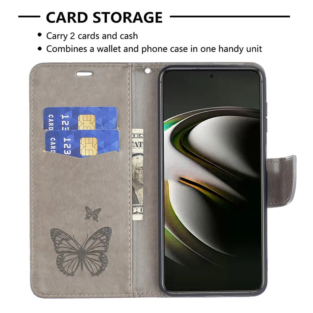 Butterfly Imprinted PU Leather Magnetic Flip Case Wallet Stand Shockproof Cover with Strap for Samsung Galaxy S22 5G - Grey - 5