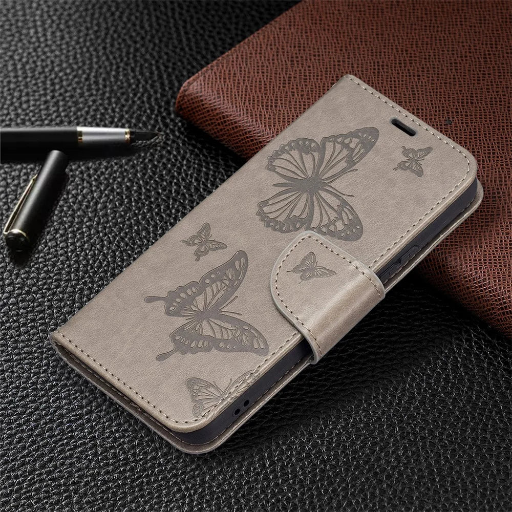 Butterfly Imprinted PU Leather Magnetic Flip Case Wallet Stand Shockproof Cover with Strap for Samsung Galaxy S22 5G - Grey - 6