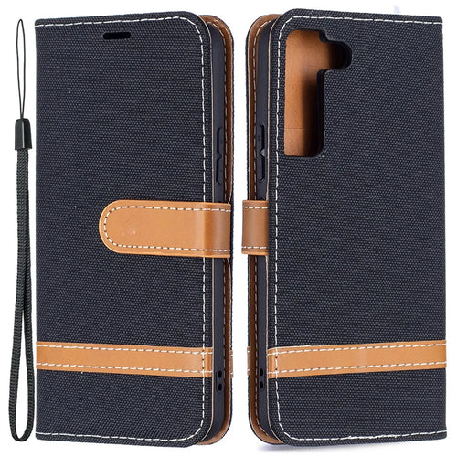 Splicing Jeans Cloth Magnetic Clasp Stand PU Leather Wallet Leather Phone Case with Carrying Lanyard for Samsung Galaxy S22 5G - Black - 1