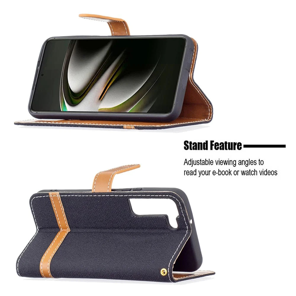 Splicing Jeans Cloth Magnetic Clasp Stand PU Leather Wallet Leather Phone Case with Carrying Lanyard for Samsung Galaxy S22 5G - Black - 2