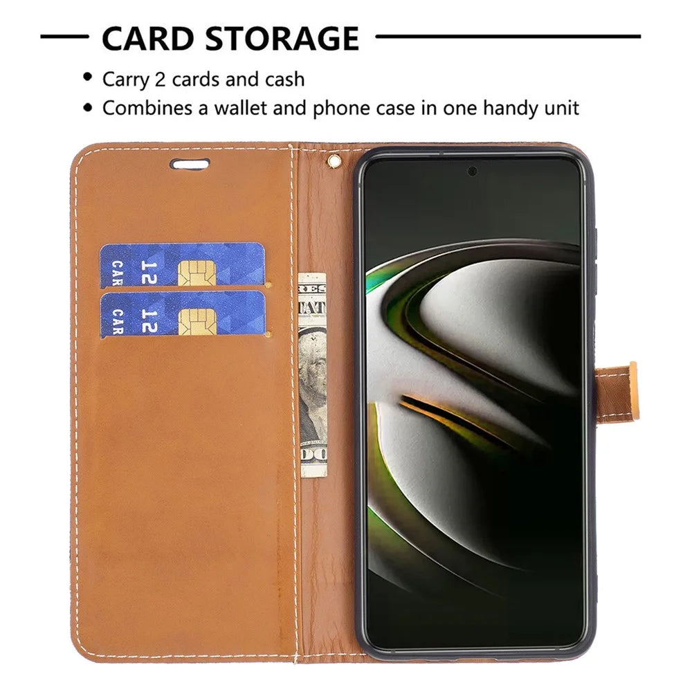 Splicing Jeans Cloth Magnetic Clasp Stand PU Leather Wallet Leather Phone Case with Carrying Lanyard for Samsung Galaxy S22 5G - Black - 3