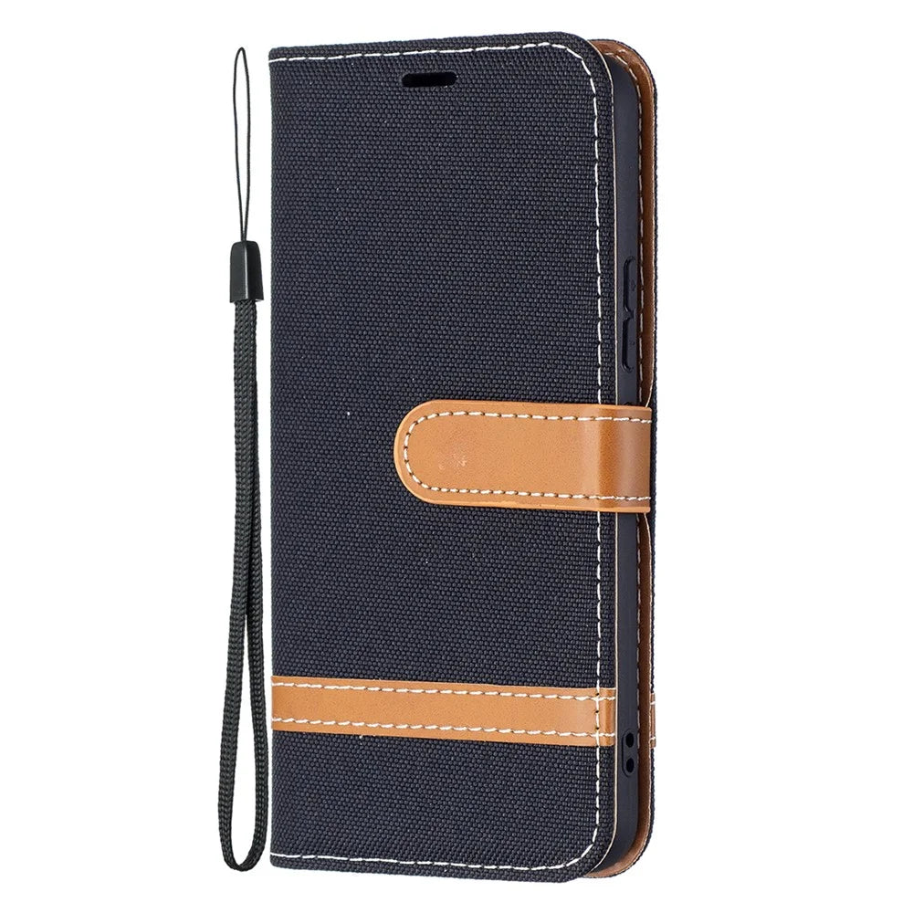 Splicing Jeans Cloth Magnetic Clasp Stand PU Leather Wallet Leather Phone Case with Carrying Lanyard for Samsung Galaxy S22 5G - Black - 4