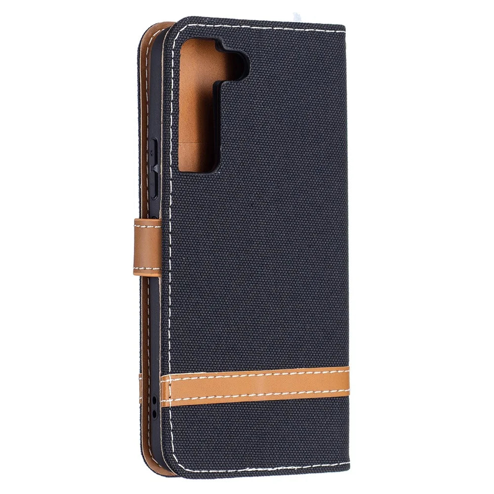 Splicing Jeans Cloth Magnetic Clasp Stand PU Leather Wallet Leather Phone Case with Carrying Lanyard for Samsung Galaxy S22 5G - Black - 5