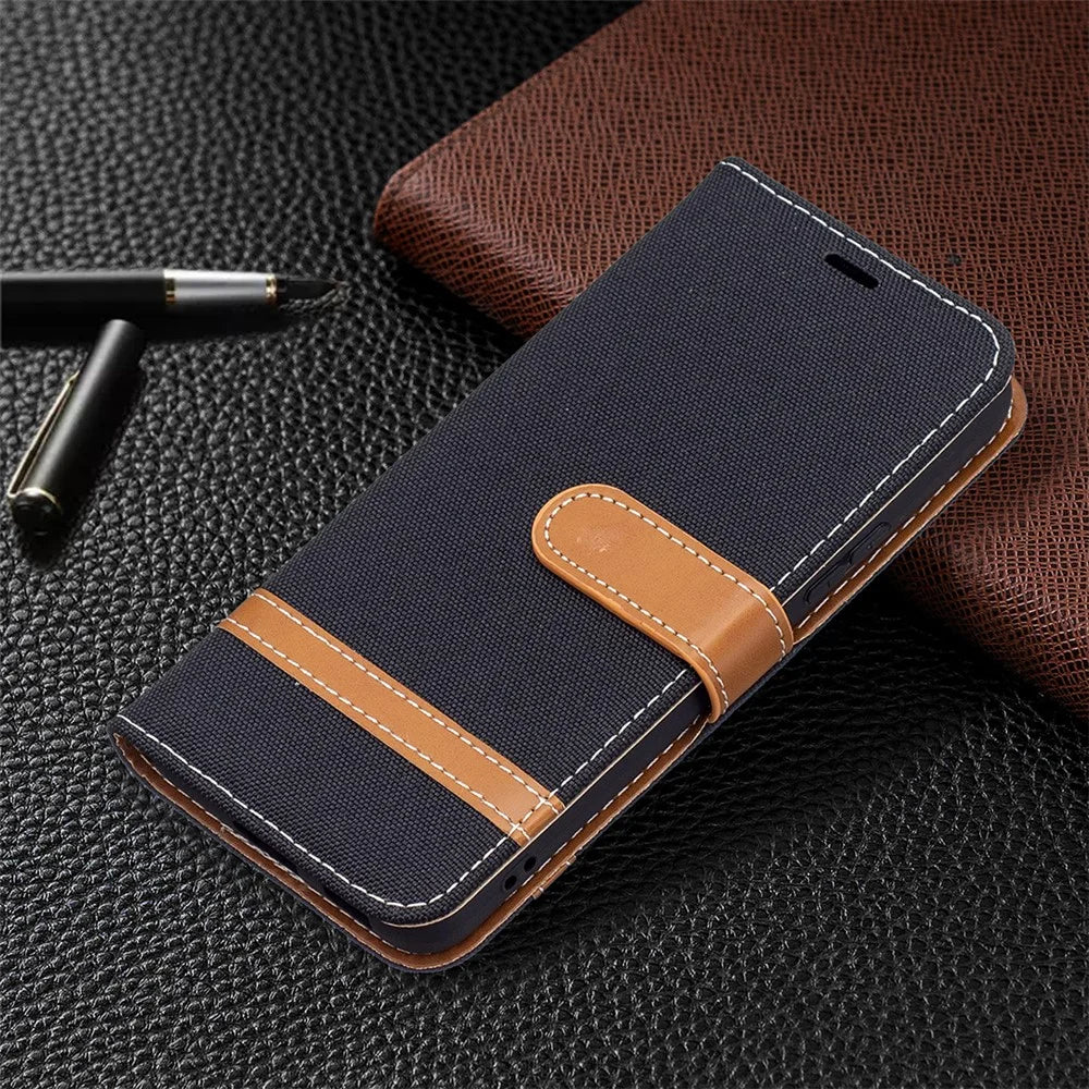 Splicing Jeans Cloth Magnetic Clasp Stand PU Leather Wallet Leather Phone Case with Carrying Lanyard for Samsung Galaxy S22 5G - Black - 6