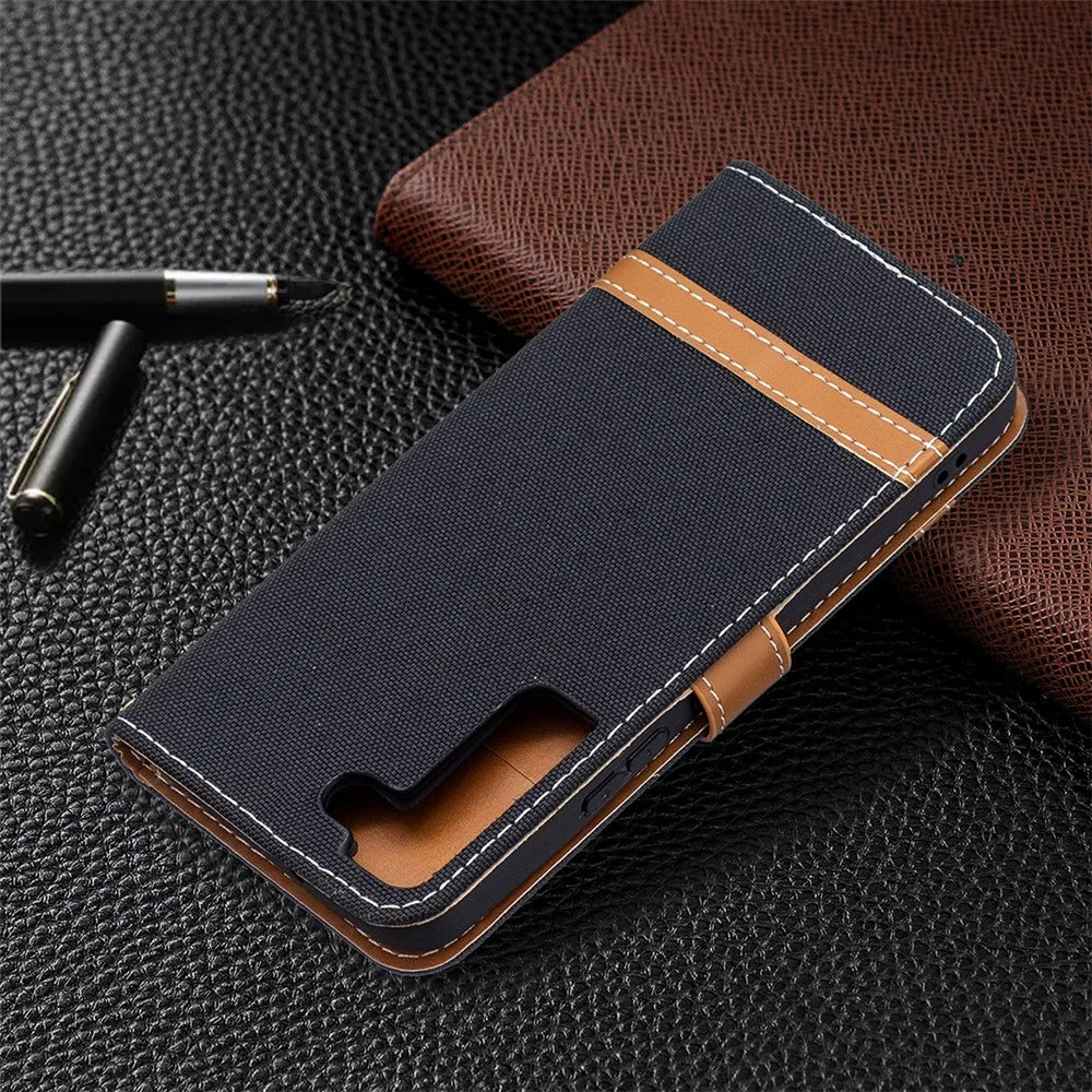 Splicing Jeans Cloth Magnetic Clasp Stand PU Leather Wallet Leather Phone Case with Carrying Lanyard for Samsung Galaxy S22 5G - Black - 7