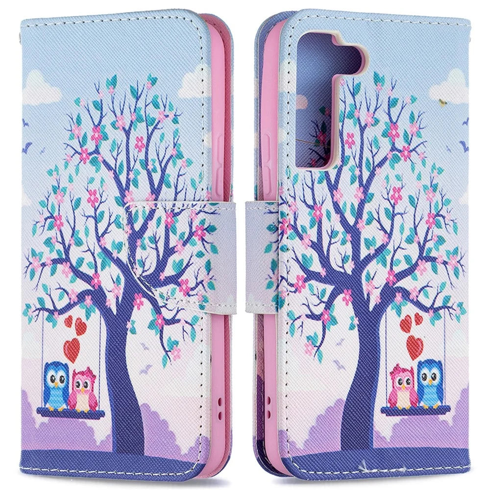 Pattern Printing PU Leather Flip Case Stand Magnetic Closure Protective Wallet Phone Cover for Samsung Galaxy S22 5G - Two Owls - 1