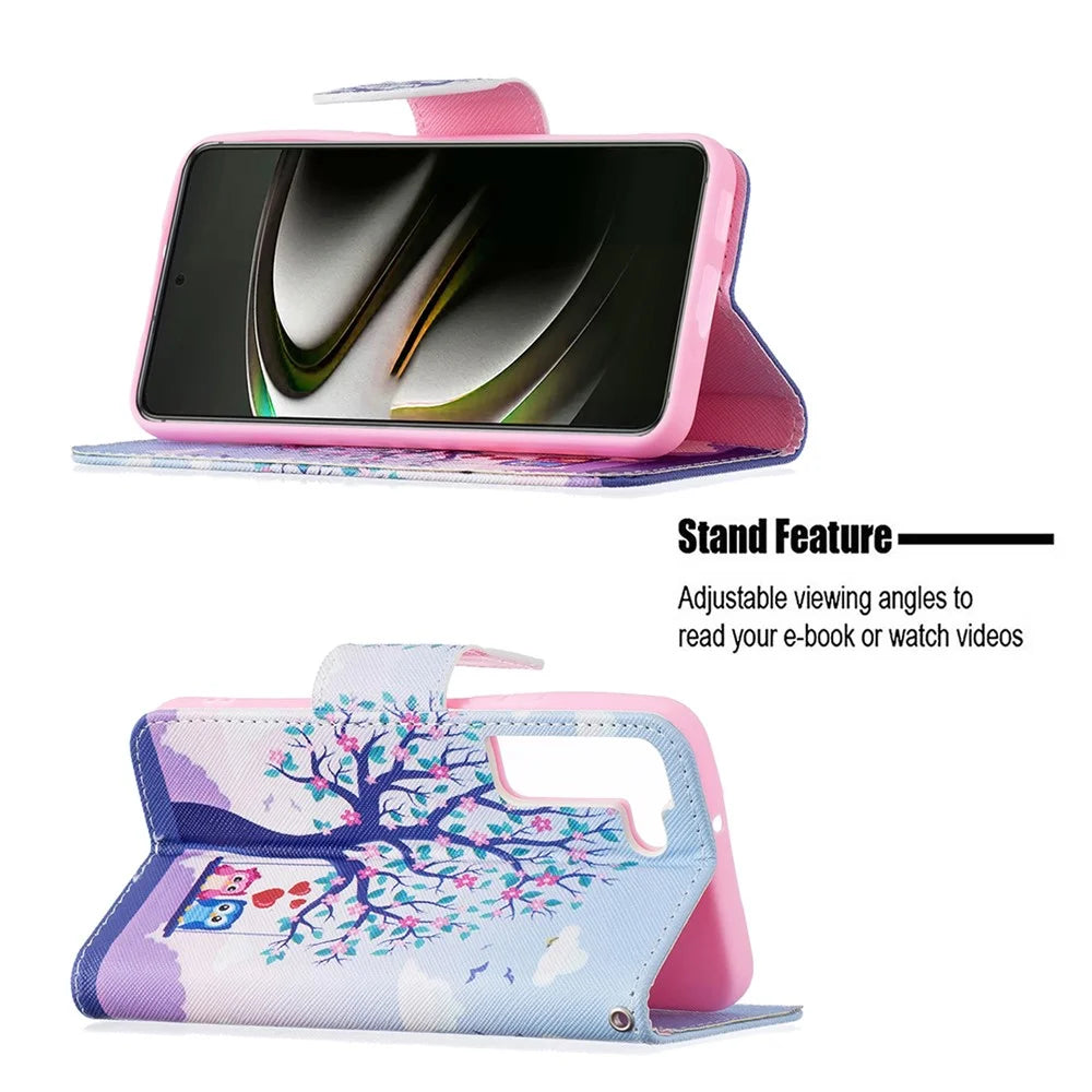 Pattern Printing PU Leather Flip Case Stand Magnetic Closure Protective Wallet Phone Cover for Samsung Galaxy S22 5G - Two Owls - 2