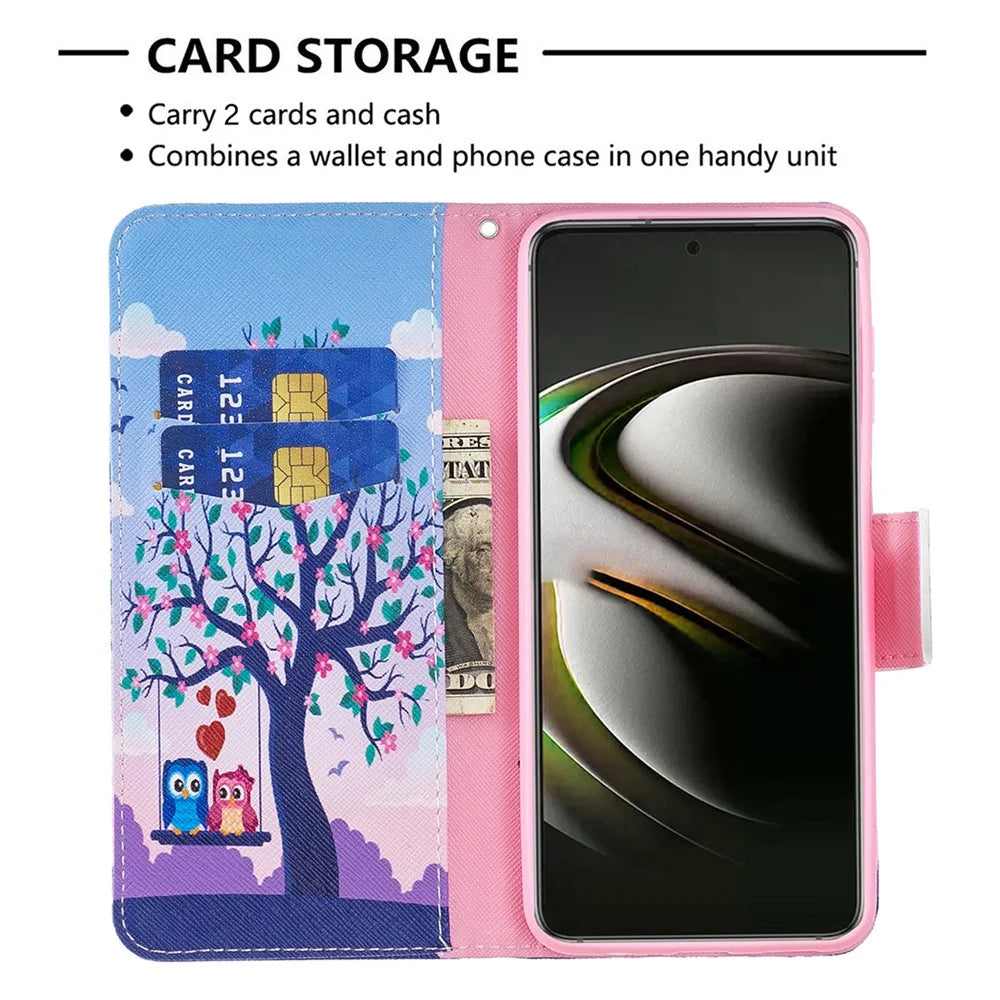 Pattern Printing PU Leather Flip Case Stand Magnetic Closure Protective Wallet Phone Cover for Samsung Galaxy S22 5G - Two Owls - 3