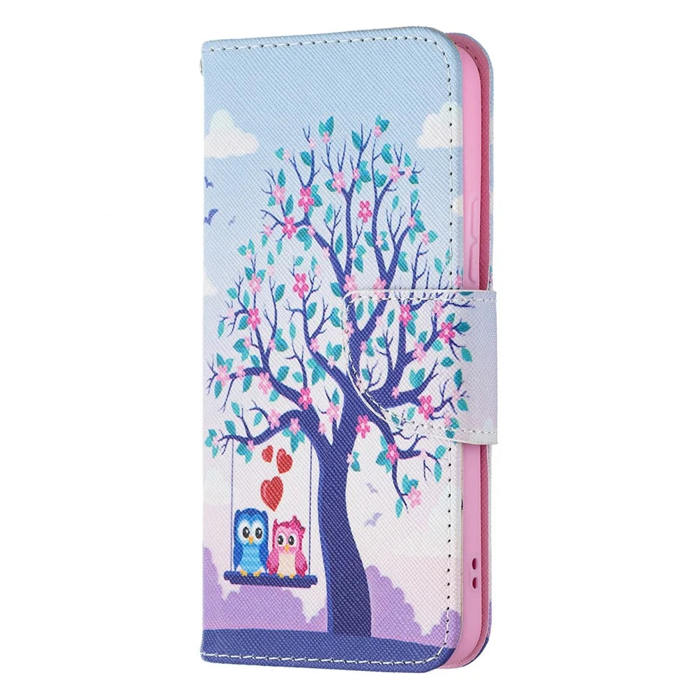 Pattern Printing PU Leather Flip Case Stand Magnetic Closure Protective Wallet Phone Cover for Samsung Galaxy S22 5G - Two Owls - 4