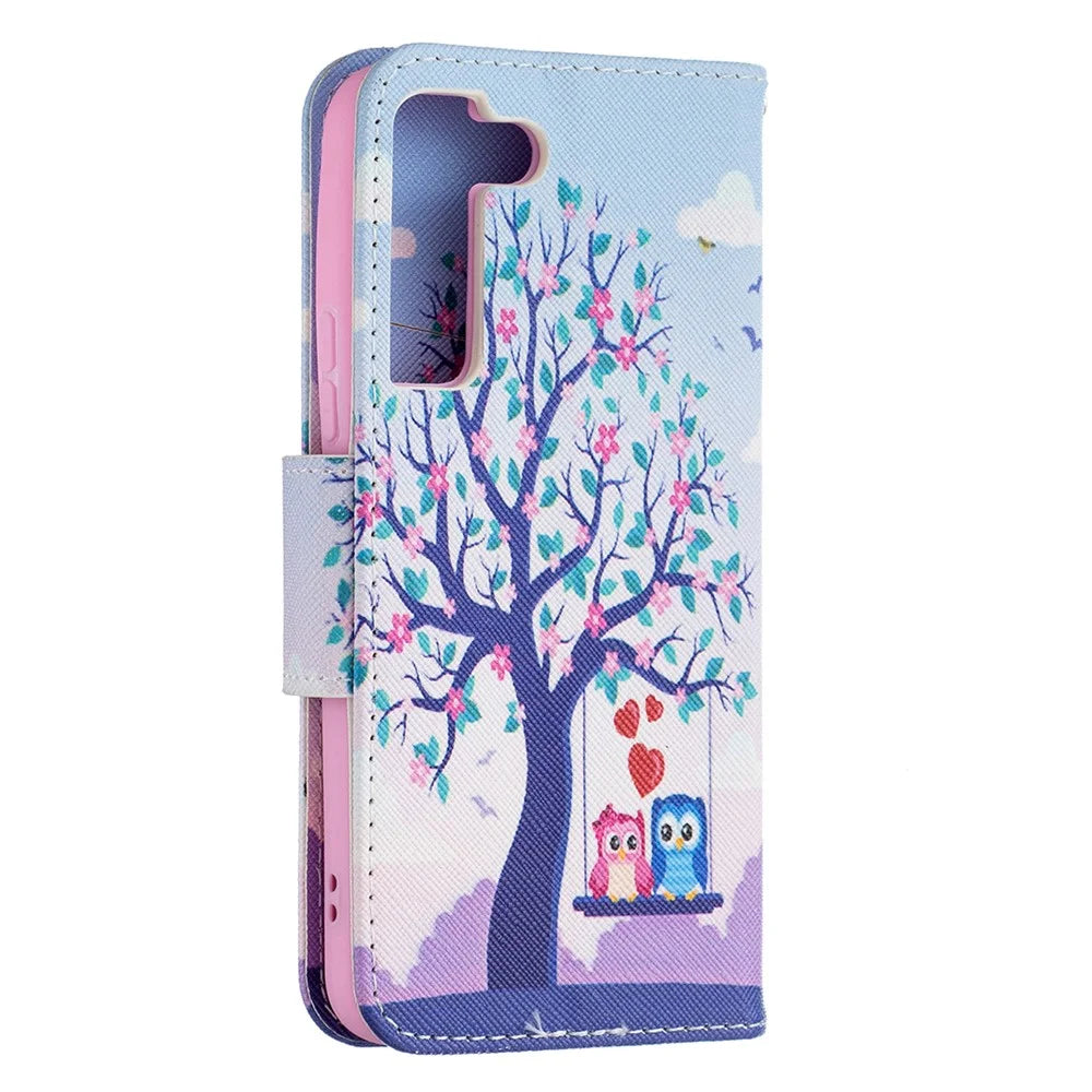 Pattern Printing PU Leather Flip Case Stand Magnetic Closure Protective Wallet Phone Cover for Samsung Galaxy S22 5G - Two Owls - 5