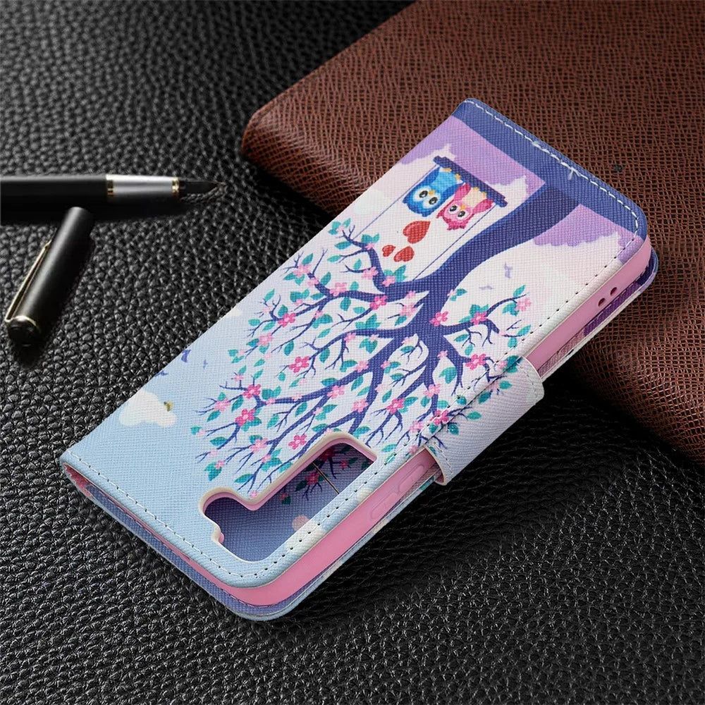 Pattern Printing PU Leather Flip Case Stand Magnetic Closure Protective Wallet Phone Cover for Samsung Galaxy S22 5G - Two Owls - 7