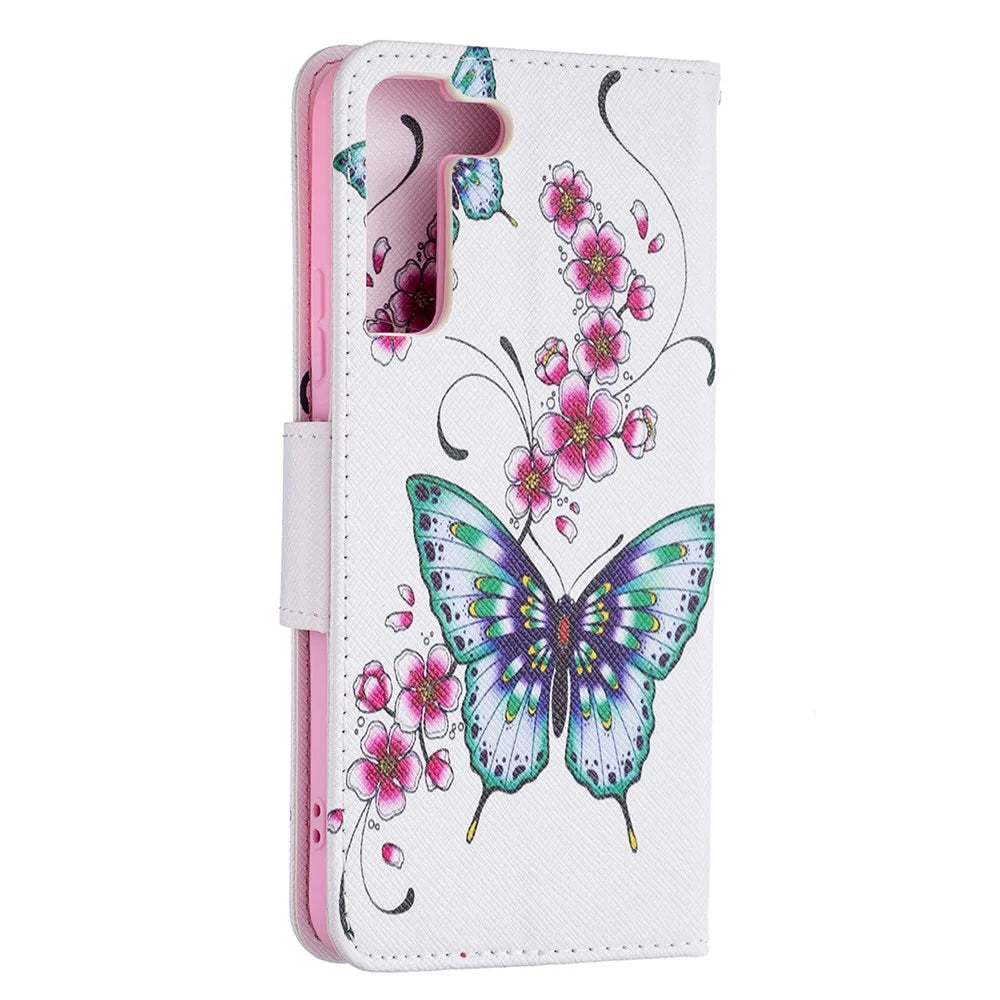 Pattern Printing PU Leather Flip Magnetic Cover Wallet Stand All-Round Protective Case for Samsung Galaxy S22+ 5G - Peach Blossom and Flower - 3