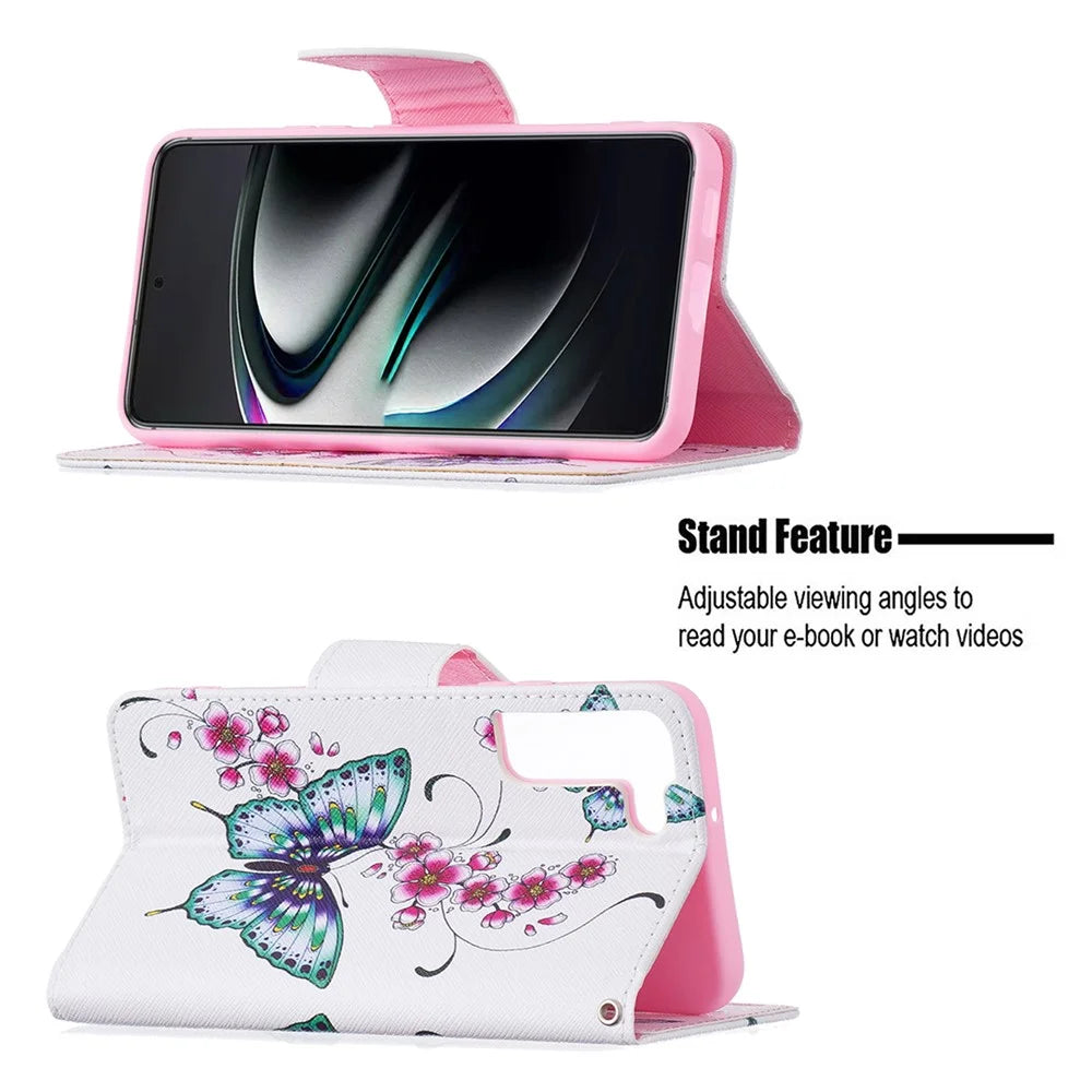 Pattern Printing PU Leather Flip Magnetic Cover Wallet Stand All-Round Protective Case for Samsung Galaxy S22+ 5G - Peach Blossom and Flower - 4