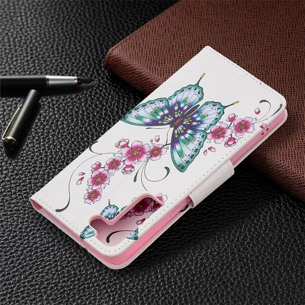 Pattern Printing PU Leather Flip Magnetic Cover Wallet Stand All-Round Protective Case for Samsung Galaxy S22+ 5G - Peach Blossom and Flower - 7