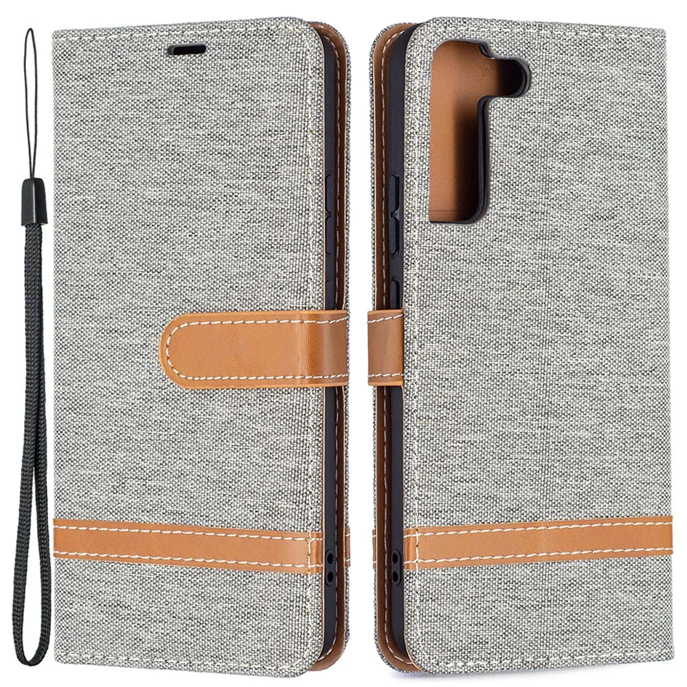 For Samsung Galaxy S22+ 5G Drop-proof Splicing Jeans Cloth Magnetic Clasp Stand PU Leather Wallet Leather Phone Case - Grey - 1