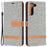 For Samsung Galaxy S22+ 5G Drop-proof Splicing Jeans Cloth Magnetic Clasp Stand PU Leather Wallet Leather Phone Case - Grey - 1
