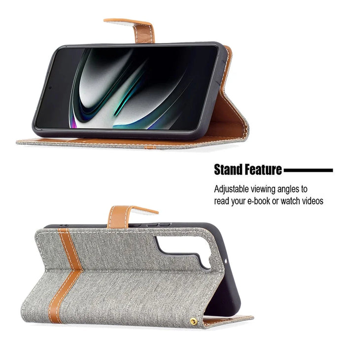 For Samsung Galaxy S22+ 5G Drop-proof Splicing Jeans Cloth Magnetic Clasp Stand PU Leather Wallet Leather Phone Case - Grey - 2