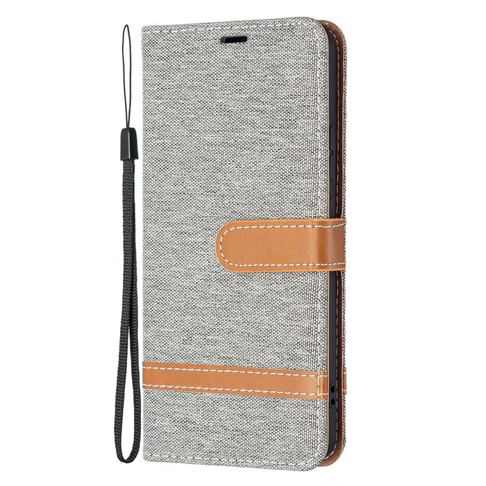 For Samsung Galaxy S22+ 5G Drop-proof Splicing Jeans Cloth Magnetic Clasp Stand PU Leather Wallet Leather Phone Case - Grey - 4