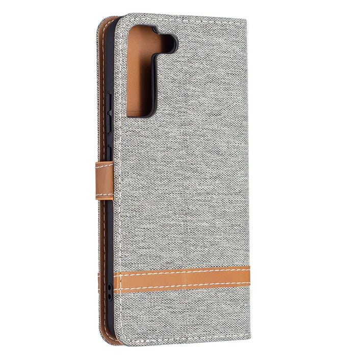 For Samsung Galaxy S22+ 5G Drop-proof Splicing Jeans Cloth Magnetic Clasp Stand PU Leather Wallet Leather Phone Case - Grey - 5