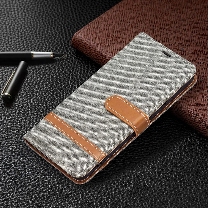 For Samsung Galaxy S22+ 5G Drop-proof Splicing Jeans Cloth Magnetic Clasp Stand PU Leather Wallet Leather Phone Case - Grey - 6