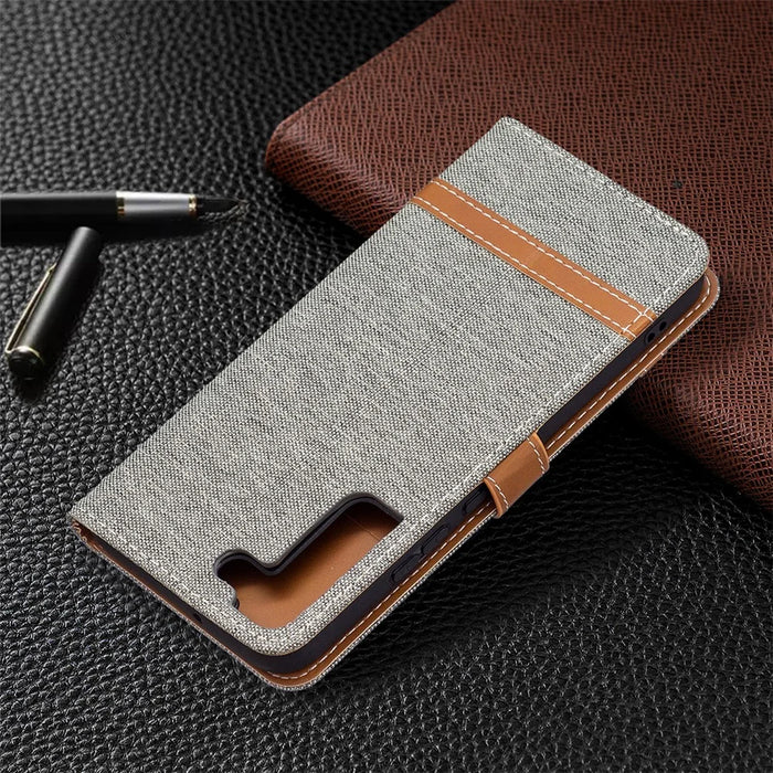 For Samsung Galaxy S22+ 5G Drop-proof Splicing Jeans Cloth Magnetic Clasp Stand PU Leather Wallet Leather Phone Case - Grey - 7