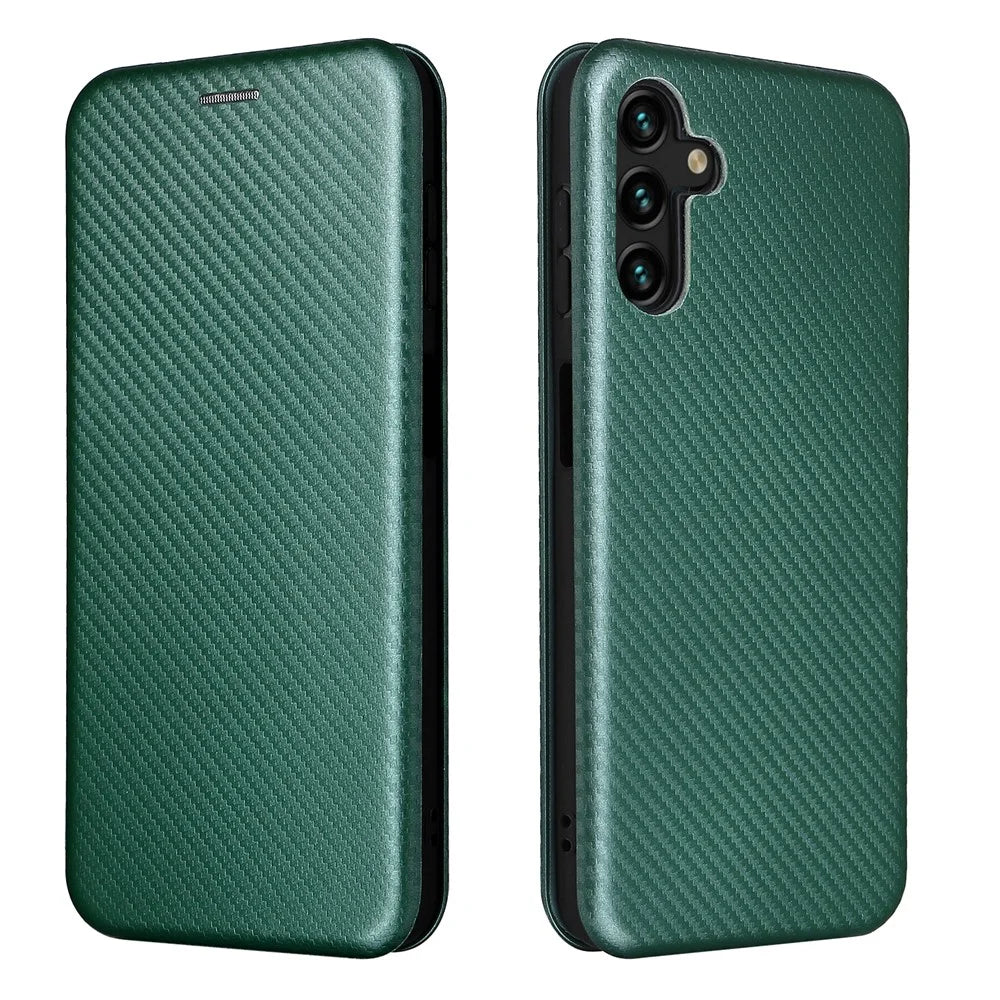 Carbon Fiber Texture PU Leather Stand Case with Card Slot and Ring Strap for Samsung Galaxy A13 5G / A04s 4G (164.7mm) - Green - 1