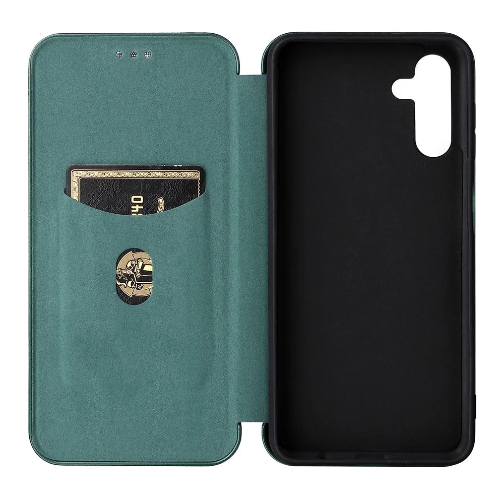 Carbon Fiber Texture PU Leather Stand Case with Card Slot and Ring Strap for Samsung Galaxy A13 5G / A04s 4G (164.7mm) - Green - 4