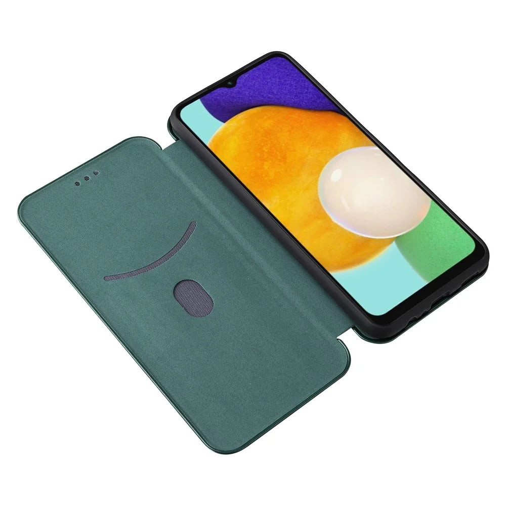 Carbon Fiber Texture PU Leather Stand Case with Card Slot and Ring Strap for Samsung Galaxy A13 5G / A04s 4G (164.7mm) - Green - 6